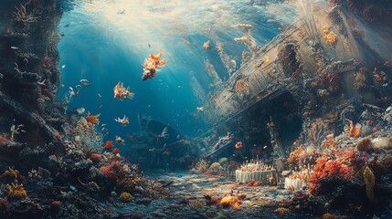 Naklejka premium Side view of a sunken shipwreck revealing a Renaissance banquet scene, vibrant marine life interacting, ethereal light filtering through, captivating composition