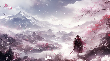 Samurai, sumi-e, ink painting, Japanese painting, Edo period, Meiji, Japan, cool, Japanese armor, Japanese sword, battle, traditional, building, anime, manga, comic © ra-ira