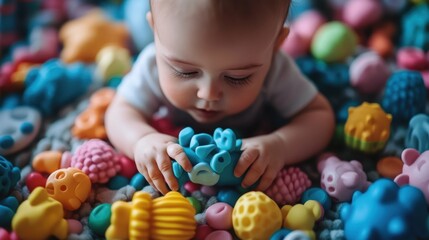 Obraz premium Infant happily playing with a set of brightly-colored, textured toys, their tiny hands exploring the various shapes and textures with delight