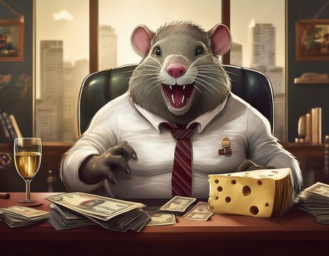 illustration of big fat rat wearing white shirt symbolize a corrupt person, living a wealthy live using other people's money