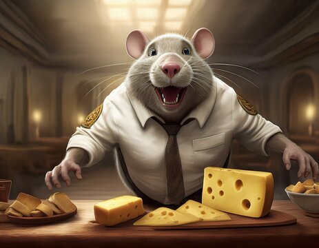 an illustration of big fat rat grabbing big cheese while running, as a symbol of corruptor