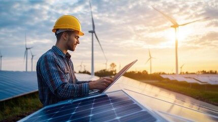 An engineer working on renewable energy systems, such as solar panels or wind turbines.
