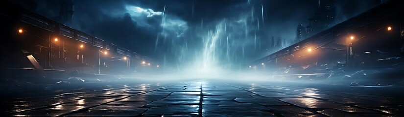 Fototapeta premium A dramatic, misty landscape with a bright light source amidst dark clouds and structures.