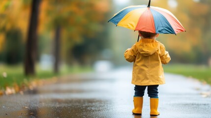 A young child in a yellow raincoat and boots stands under a multicolored umbrella on a rain-soaked street, surrounded by autumn trees and fallen leaves, adding a whimsical charm.