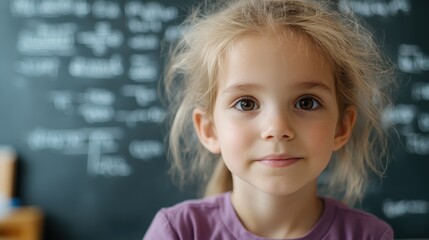 A young girl with a curious expression stands in a classroom setting, her bright eyes reflecting a sense of wonder amidst a backdrop of a chalkboard filled with equations.