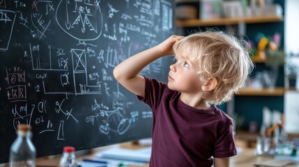 A young child is engaged with solving complex mathematical equations on a blackboard, showcasing the enthusiasm and focus of young learners in a basis learning environment.