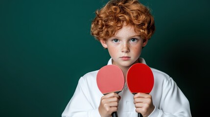 A young boy with curly red hair holding two ping pong paddles against a green backdrop, staring intently at the camera, exuding determination and focus.