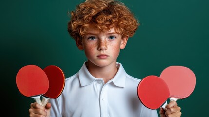 A young boy with red hair intensely holding multiple ping pong paddles in a white shirt, capturing a moment of pure focus and competitive spirit indoors.