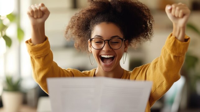 A bespectacled woman joyously raises a paper, lifting her arms in celebration, surrounded by a lively atmosphere that underscores her sheer bliss and triumph.
