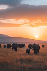 Minimalist panorama of a herd of elephants grazing at sunset, serene and harmonious, gentle color blending, spacious feel