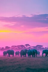 Fototapeta premium Minimalist panorama of a herd of elephants grazing at sunset, serene and harmonious, gentle color blending, spacious feel
