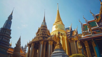 Fototapeta premium Grand Palace in Bangkok with its golden spires and intricate architecture, set against a clear blue sky.