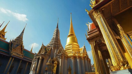 Fototapeta premium Grand Palace in Bangkok with its golden spires and intricate architecture, set against a clear blue sky.