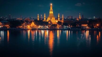 Obraz premium Majestic Wat Arun temple illuminated at night, reflecting off the Chao Phraya River.