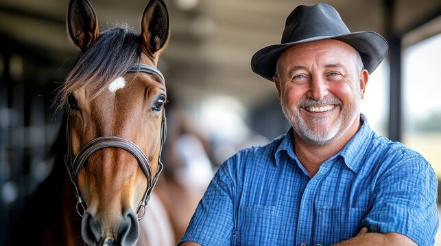 A man with a hat posing beside his horse in a stable, illustrating their companionship and the serene atmosphere of a traditional rural setting.