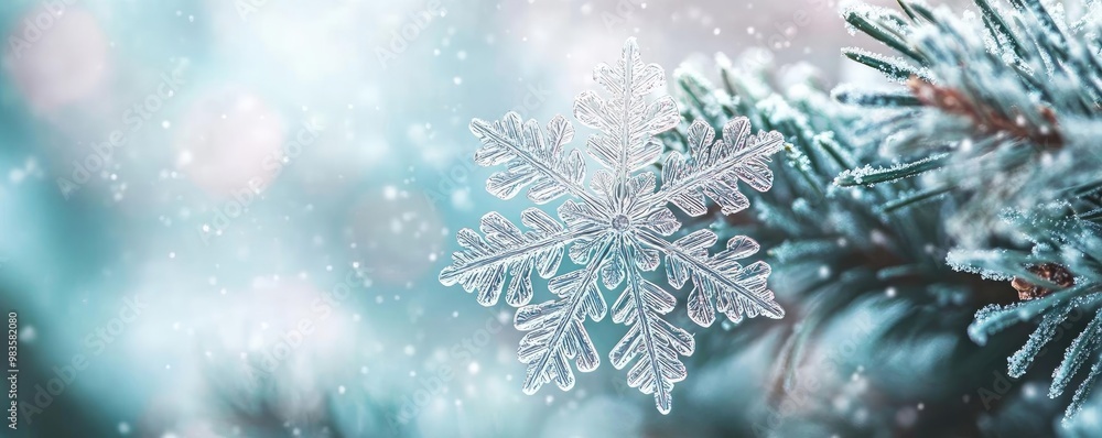 Poster a close-up of a snowflake on a pine branch, surrounded by soft, shimmering snow. perfect for winter-