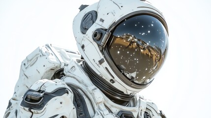 A futuristic astronaut in a reflective helmet against a bright background.