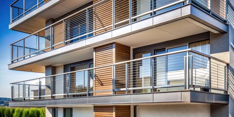 Modern balcony with stainless steel railing and privacy panels on new building facade for architectural design inspiration and construction ideas