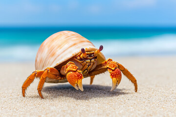 A hermit crab with a spiral shell crawls on a sandy beach with the ocean and blue sky in the background