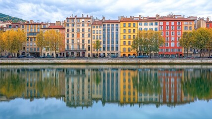 The colorful buildings along the banks of the River in Lyon, reflected in the calm water.