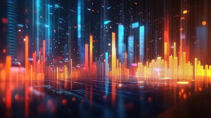 Vibrant digital waveforms and data visualizations create a dynamic atmosphere, ideal for technology or science-themed projects.