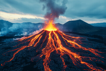 Fototapeta na wymiar Active volcano erupting with molten lava flowing down its slopes, casting an intense glow against the dark landscape and cloudy sky