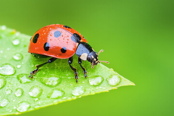 Fototapeta premium Ladybug on dewy leaf with green background