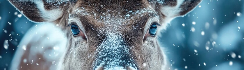 A close-up of a majestic deer in winter with snowflakes, showcasing the beauty of wildlife in a serene snowy landscape.