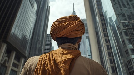 Man in Turban Standing Between Tall Buildings