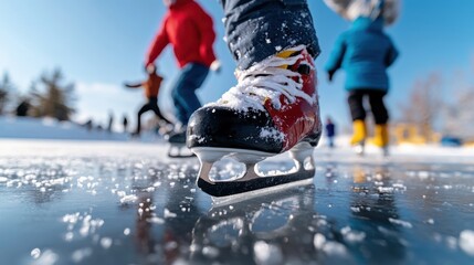 A dynamic close-up shot of an ice skater's red and black ice skates gliding smoothly on a clear, reflective outdoor ice rink with other skaters in the background.