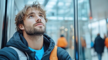 A bearded man looking upwards in a bustling indoor setting, his casual clothing contrasting with the modern architecture surrounding him.