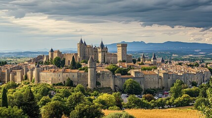 The medieval town of Carcassonne, with its fortified walls and towers.