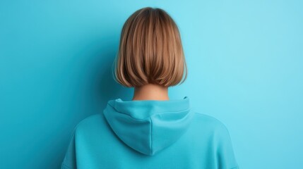 A young woman with straight blonde hair, wearing a blue hoodie, stands with her back to the camera,...