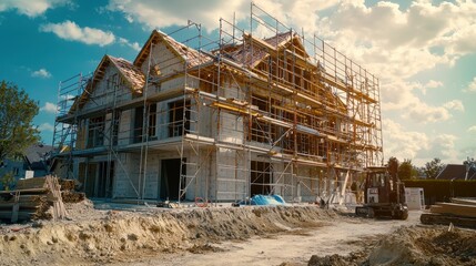 New Residential Housing Development under Construction with Wooden Frame and Scaffolding Outdoors