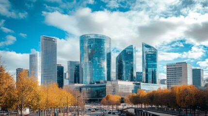 Obraz premium The modern skyline of La Paris' business district, with futuristic glass buildings.