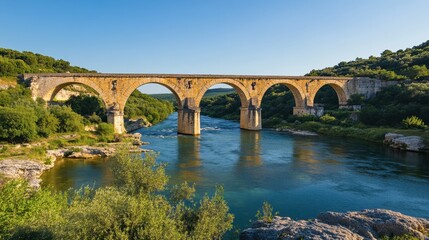 Fototapeta premium The Pont du Gard, a Roman aqueduct bridge in the South of France, spanning over the river.