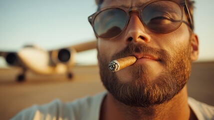 Close-up of a man with an old airplane in the background, conveying a sense of adventure, freedom, and exploration against the backdrop of a clear sky.