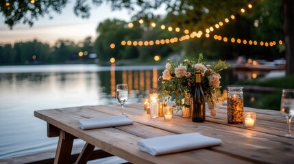 An elegantly set picnic table by a lake during sunset, adorned with string lights and floral arrangements, creating a romantic and tranquil atmosphere ideal for gatherings and dinners.