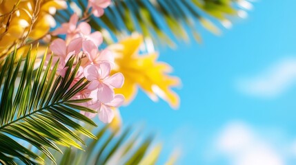 Bright pink flowers and green palm leaves are set against a deep blue sky, depicting a beautiful and vibrant tropical scene that inspires a sense of joy, peace, and nature's beauty.