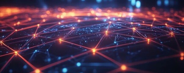 Obraz premium Abstract network design showcasing vibrant lights and interconnected nodes, perfect for technology and digital themes.