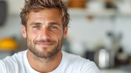 A cheerful man beams brightly in a well-lit kitchen, surrounded by clean, modern appliances that reflect a sunny and vibrant atmosphere during the daytime.