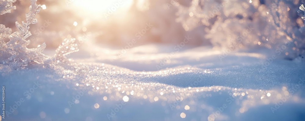 Poster a serene winter landscape featuring sparkling snow illuminated by soft sunlight, creating a tranquil