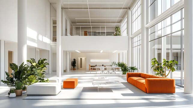 A bright and airy coworking office with an open-concept layout, featuring white walls, minimalist furniture, and large windows. The space is designed to foster collaboration, with plenty of