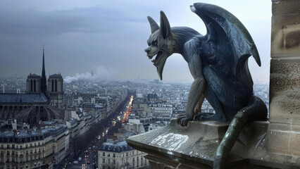 Gargoyle statue overlooking the city from a cathedral tower