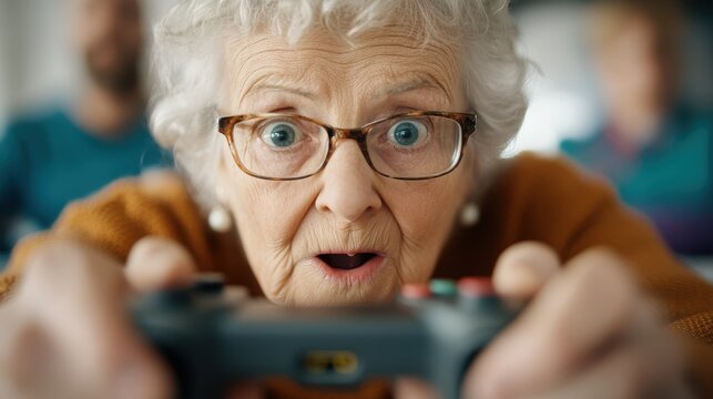 An elderly woman expresses surprise and delight while engaging in a video game, with her hands firmly gripping a controller in an animated home environment.
