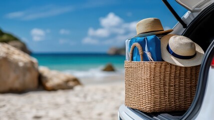 An image showing an open car trunk filled with beach essentials including hats and a basket, set against a clear blue sky and a sandy beach, evoking a sense of vacation and relaxation.