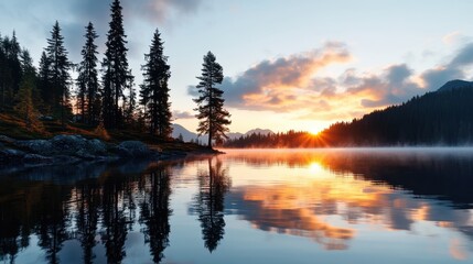Fototapeta premium A serene lake surrounded by trees with a mountain backdrop, capturing the vibrant hues of the sunrise reflected on the water's surface, illustrating the peaceful beauty of nature.