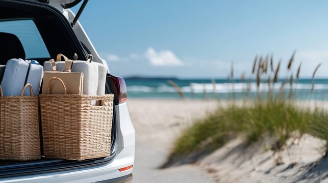 An image of an open car boot packed with neatly arranged beach towels, set against the backdrop of a serene seaside landscape, evoking relaxation and the excitement of a beach outing.