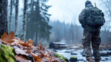 A lone soldier wearing tactical gear walks by a flowing river in a dense forest during autumn, showcasing military presence and natural serenity intermixed uniquely.