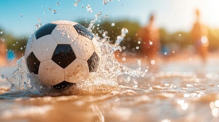 A football impacting the shore creates an energetic splash of water, with blurred people in the background, symbolizing active beach fun.